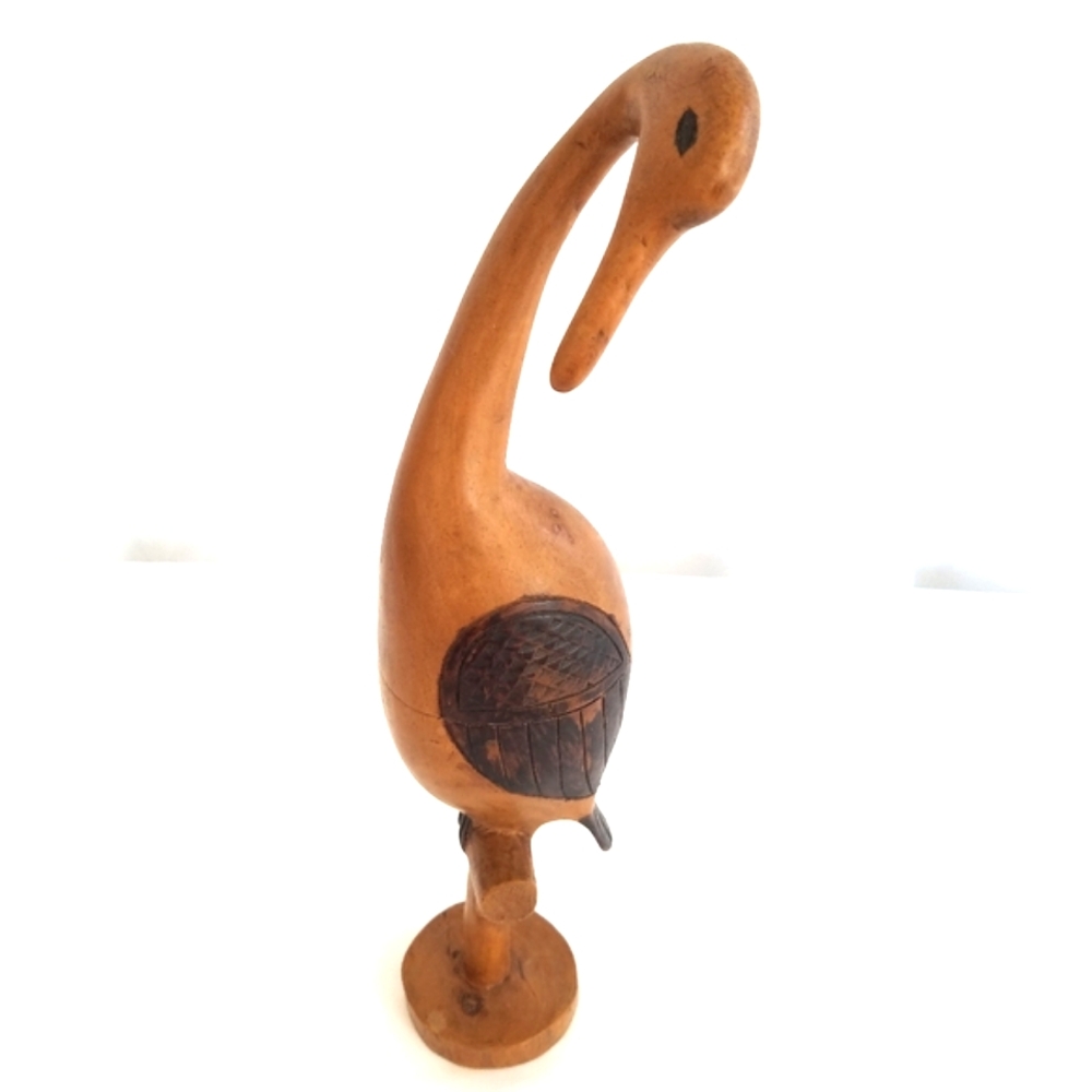 Vintage Hand-Carved Wooden Bird Egret Sculpture Hidden Compartment Box